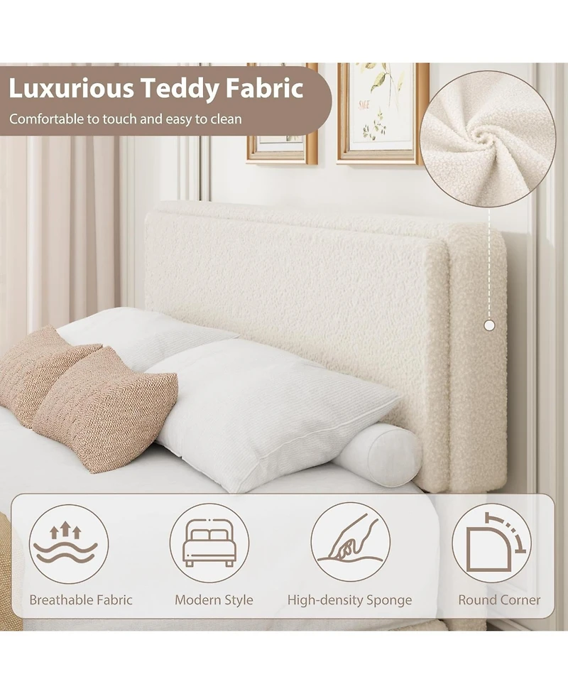 gaomon Full Teddy Fleece Bed Frame with 2 Drawers, Upholstered Platform, Adjustable Headboard