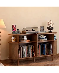 Yigii Mid-Century Modern Record Cabinet with Charging Station & Storage