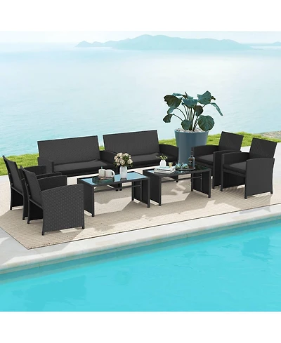 Gymax Set of 8 Patio Conversation w/Seat Cushions & Tempered Glass Tabletop Porch Outdoor