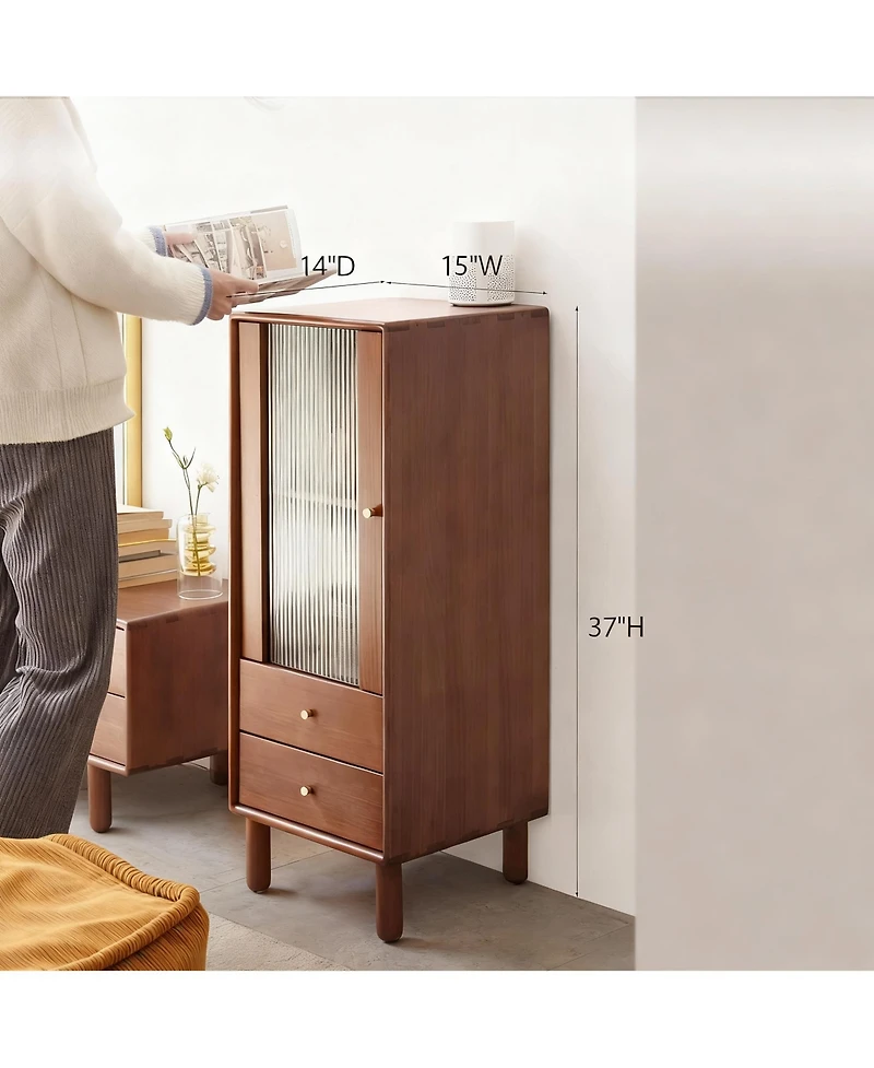 Yigii Solid Wood Cabinet with Glass Doors & Drawers for Living Room