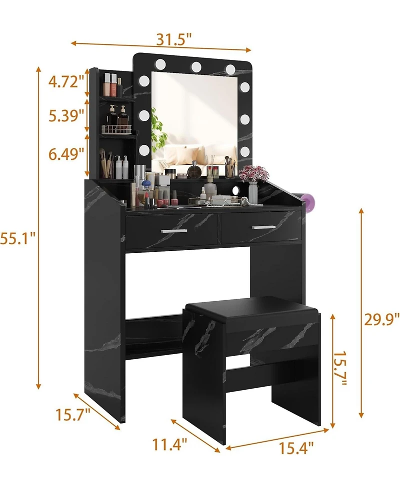 gaomon Vanity Desk with Mirror and Led Lights - Makeup Vanity Desk with Power Outlet and Cushioned Stool