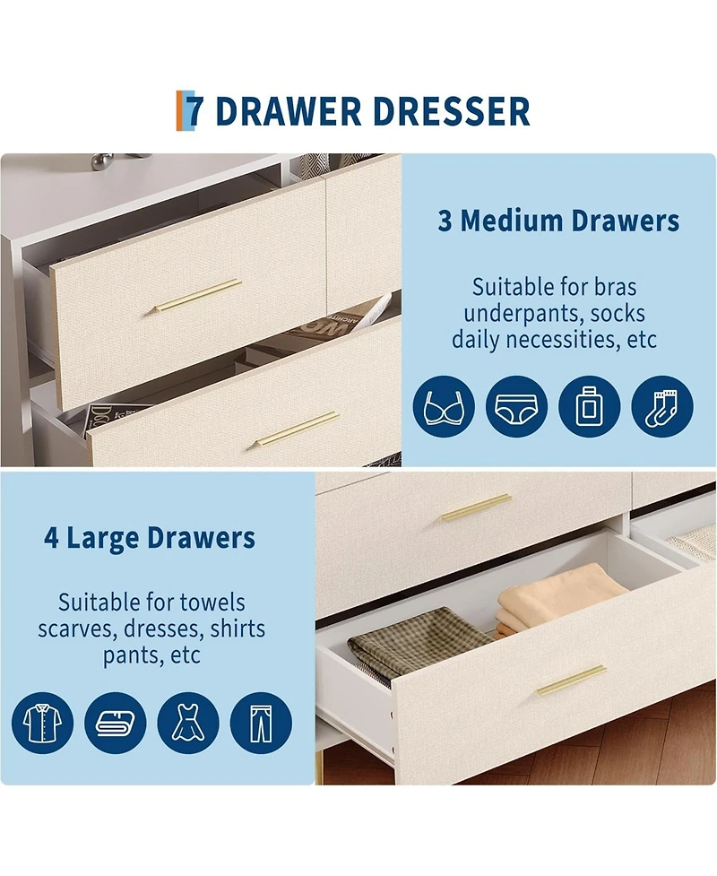 gaomon 7 Drawer Dresser, Modern Chest of Drawer with Gold Metal Handles, Wood Dresser for Bedroom with Strong Metal Legs, White Storage Organizer