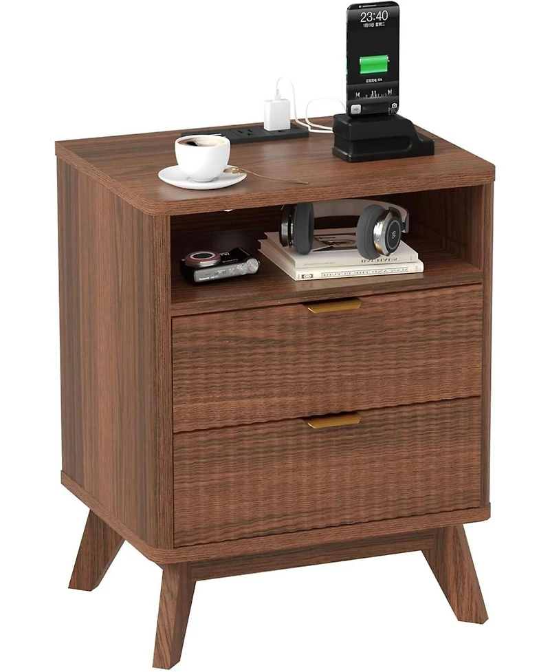 Draft - gaomon Modern Fluted Night Stand, Nightstand with Usb Charging Station, Two Drawer Filing Cabinet Shelf