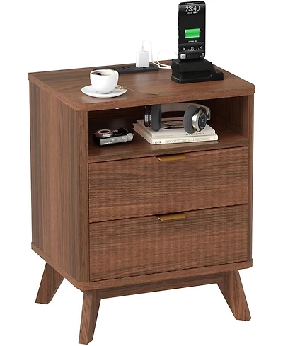 Draft - gaomon Modern Fluted Night Stand, Nightstand with Usb Charging Station, Two Drawer Filing Cabinet Shelf