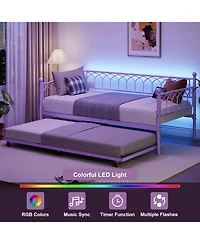 gaomon Twin Daybed with Trundle, Metal Sofa Bed Frame with Charging Station & Led Lights, Pull-Out Trundle for Bedroom, Guest Room, Small Spaces