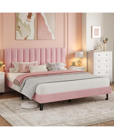 Draft - gaomon Full Size Velvet Upholstered Platform Bed Frame with Adjustable Headboard, Vertical Channel Tufted Design