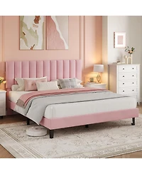 Draft - gaomon Full Size Velvet Upholstered Platform Bed Frame with Adjustable Headboard, Vertical Channel Tufted Design