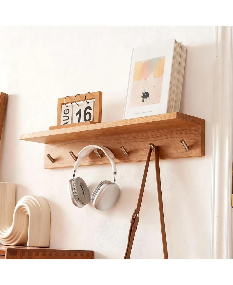 Yigii Oak Wood Coat Rack with Shelf, Sturdy Design for Entryway, Hallway, Bathroom
