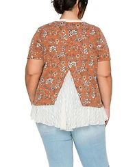 Coin 1804 Plus Boho Floral Rib and Lace Pleat Back Short-Sleeve Top