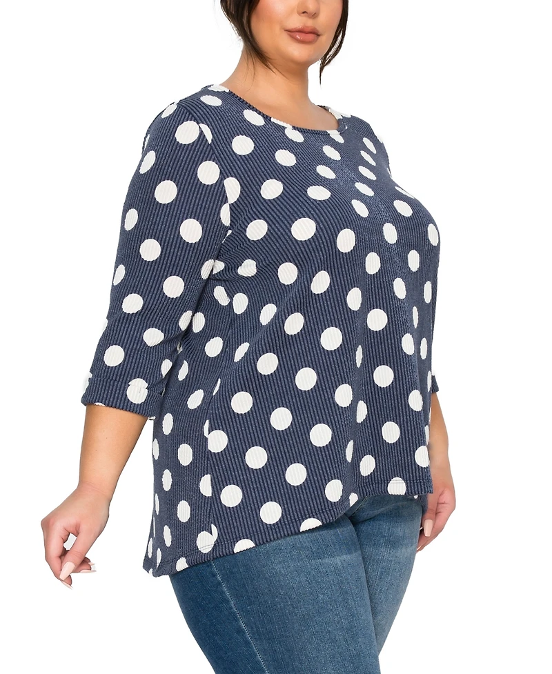 Coin 1804 Plus Polka Dot Double Knit Button Back 3/4 Rolled Sleeve