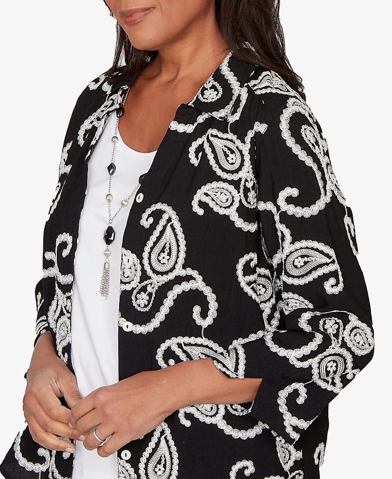 Alfred Dunner Petite Crowd Pleaser Paisley Embroidered Two One Top