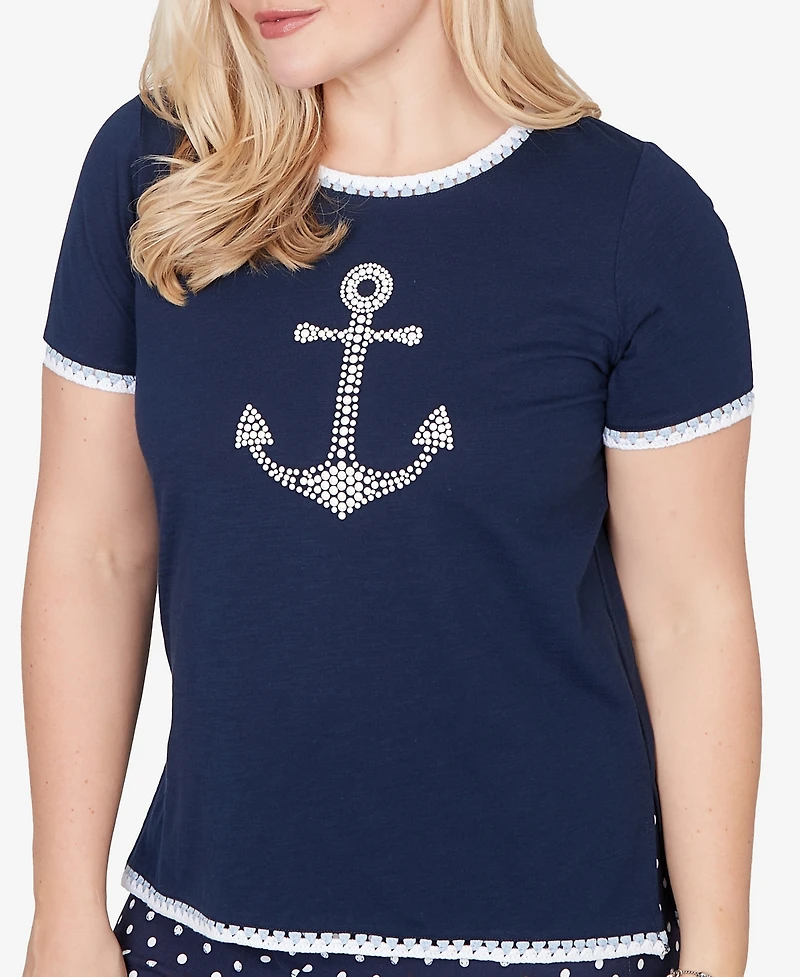 Alfred Dunner Petite Port Side Pearl Anchor Graphic T-shirt