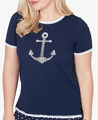 Alfred Dunner Petite Port Side Pearl Anchor Graphic T-shirt