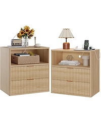 Gaomon Fluted Farmhouse Night Stand with Charging Station, 23" Mid-Century Modern Nightstand, 2 Drawers End Table, Wood/2PCS