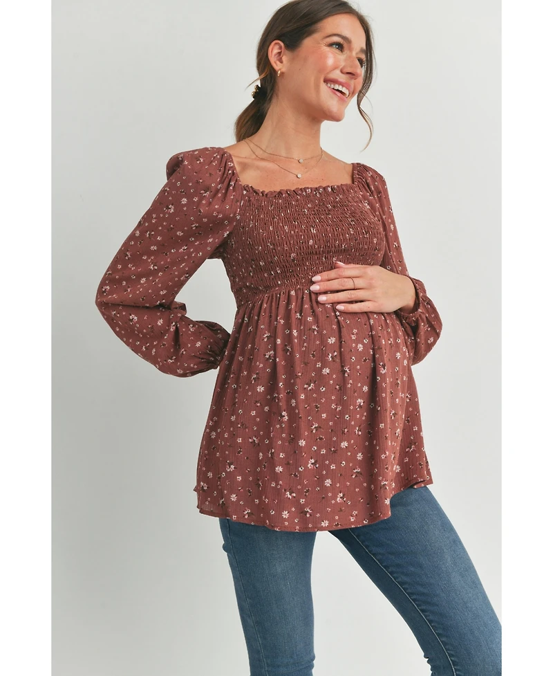 Hello Miz Maternity Smocked Square-Neck Floral Blouse