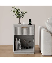 gaomon Fluted Nightstand with Charging Station, Mid Century Modern Fluted Nightstand, Wooden Night Stand