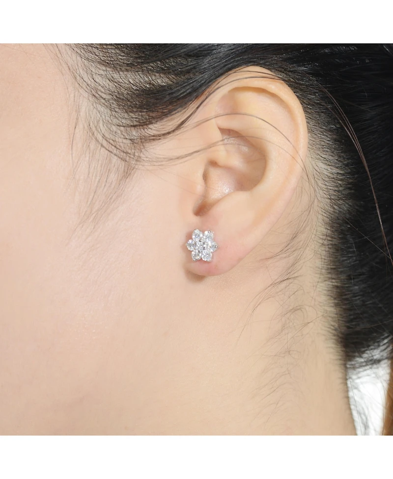 Sterling Silver Clear Round Cubic Zirconias Flower Shape Earrings