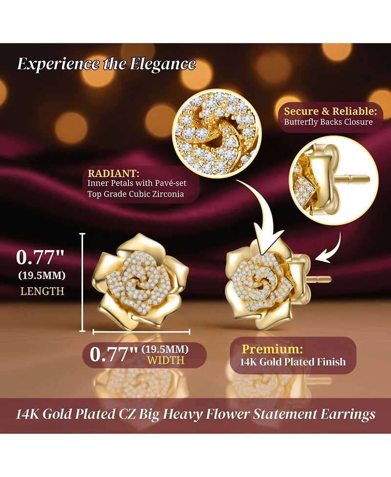 14K Gold Plated with Clear Cubic Zirconia Accents Flower Earrings