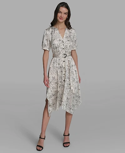 Karl Lagerfeld Paris Women's Printed Puff-Sleeve Tie-Waist Belt Midi Dress