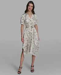 Karl Lagerfeld Paris Women's Printed Puff-Sleeve Tie-Waist Belt Midi Dress