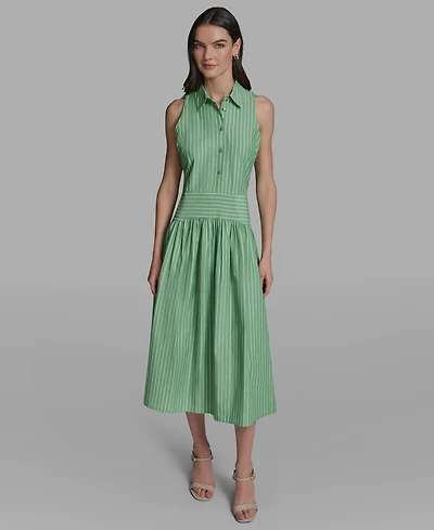 Karl Lagerfeld Paris Women's Stripe Shirting Button-Down Sleeveless Midi Shirtdress