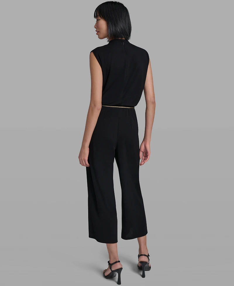 Karl Lagerfeld Paris Women's Sleeveless Matte Jersey Removable Chain Belt Jumpsuit