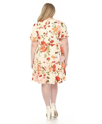 White Mark Plus V-Neck Tropical Flower Short Sleeve Dress