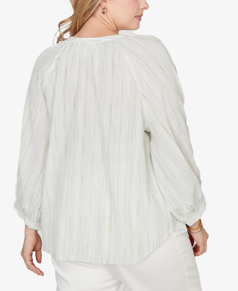Ruby Rd. Plus Crinkle Stripe Tie Front Peasant Top