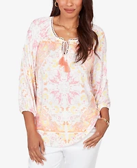 Ruby Rd. Plus Tapestry Print Drawstring Peasant Top