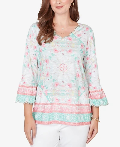 Ruby Rd. Plus Scalloped Neck Tapestry Print Knit Top