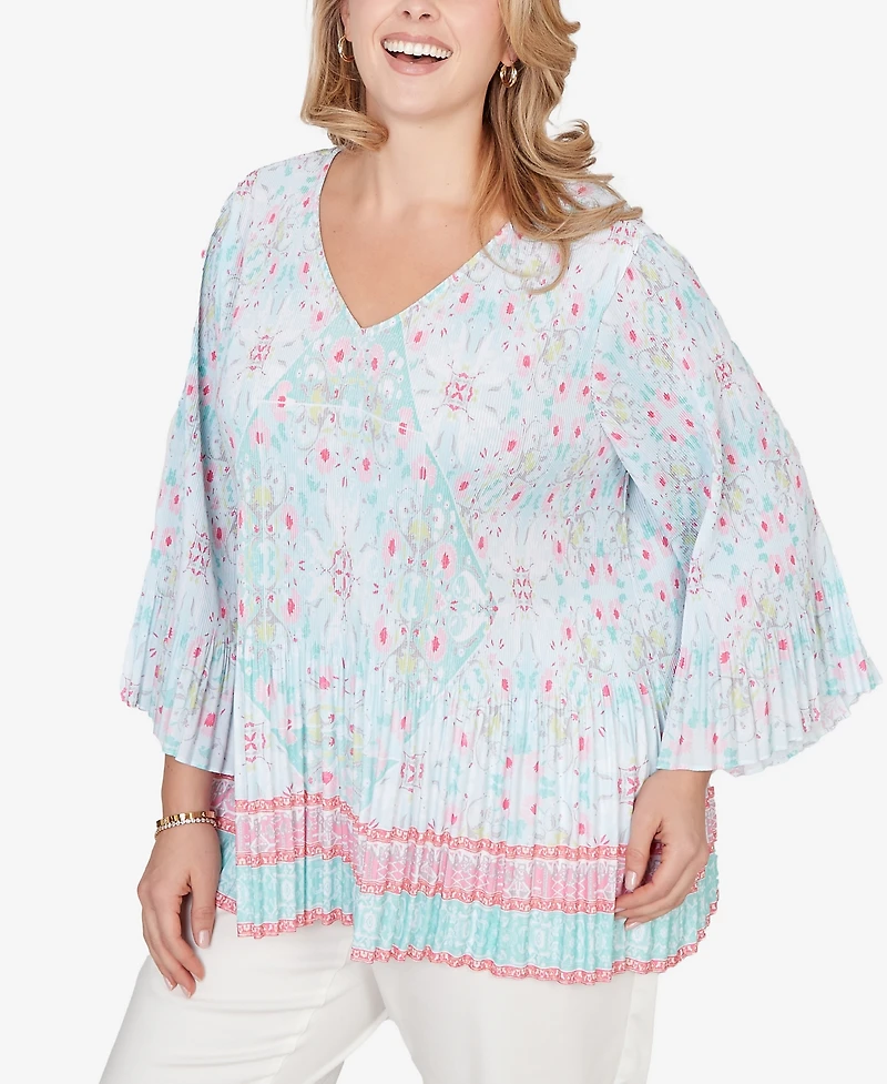 Ruby Rd. Plus Pleated Tapestry Print Bell Sleeve Blouse