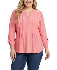 Ny Collection Plus Size Long Sleeve Pleat Front Roll Tab Top