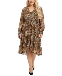 Ny Collection Plus Long Sleeve Clip Dot Chiffon Dress with Smocked Waist and Cuffs