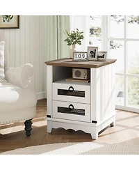 gaomon Industrial Farmhouse End Table with Charging Station, 2 Drawer Bedside Nightstand with Open Cubby