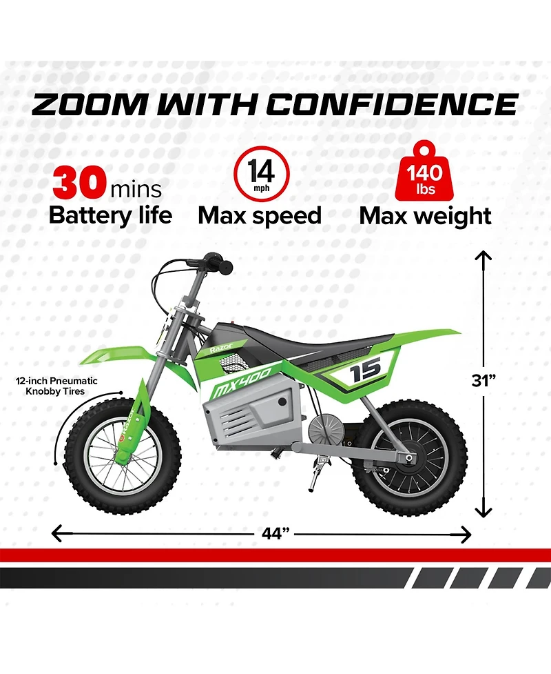 Razor MX400 Dirt Rocket 24V Ride On High-Torque Electric Motocross Motorcycle Toy Dirt Bikes, Speeds up to 14 Mph, for Ages 13+, 1 White & 1 Green