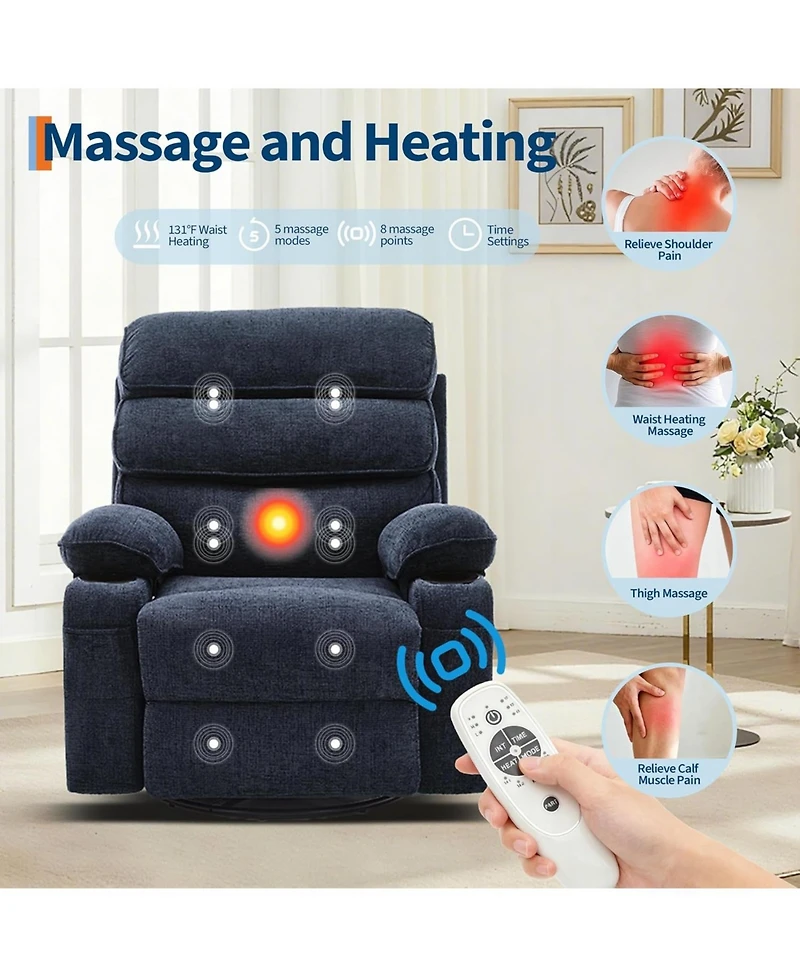gaomon 360°Swivel Rocker Recliner Chair for Adult,Massage and Heat Swivel Rocker Recliner Chair w/Adjustable Backrest and Footrest for Adult