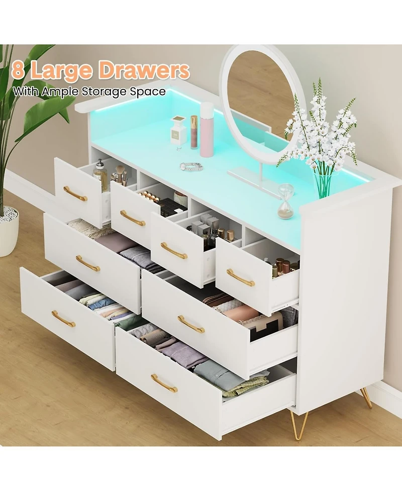 gaomon 8 Drawer Dresser with Charging Station and Rgb Lights, Wide Bedroom Chest with Outlets and Usb