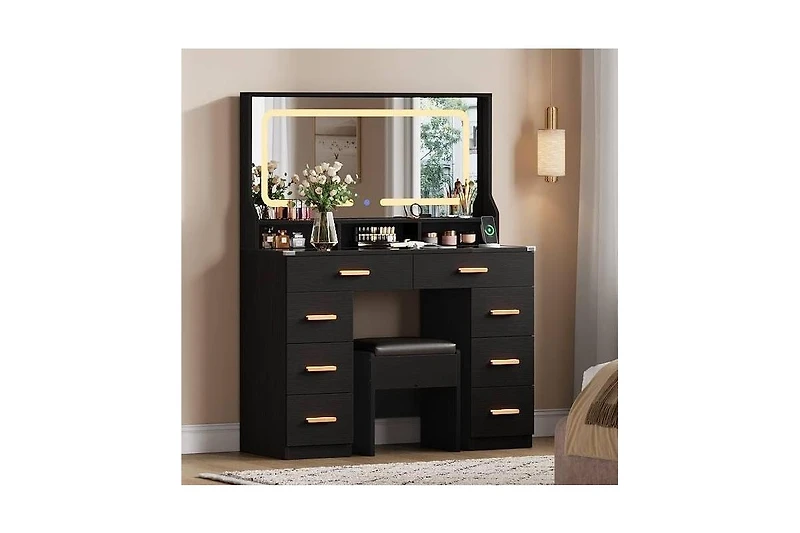 gaomon 42" Led Makeup Vanity Desk with Large Mirror, 8 Drawers & Charging Station, Modern Dressing Table Glass Top, Storage Stool
