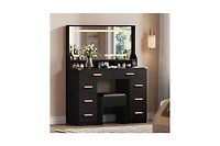 gaomon 42" Led Makeup Vanity Desk with Large Mirror, 8 Drawers & Charging Station, Modern Dressing Table Glass Top, Storage Stool