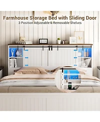 gaomon Farmhouse Queen Bed Frame, Queen Size Platform Bed Frame with Sliding Barn Door Storage Cabinets and Charging Station