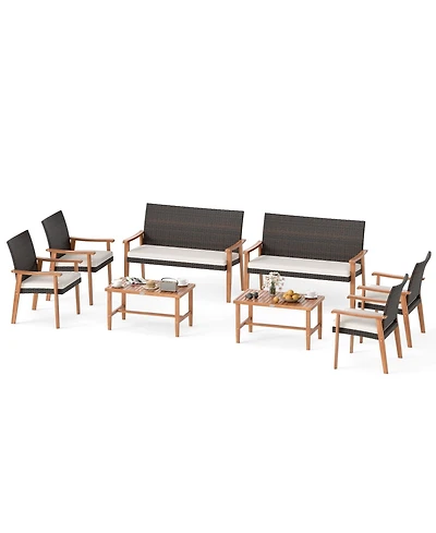 Gymax Set of 8 Patio Furniture Set w/Acacia Wood Coffee Table & Soft Cushions for Garden Outdoor