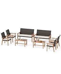 Gymax Set of 8 Patio Furniture Set w/Acacia Wood Coffee Table & Soft Cushions for Garden Outdoor