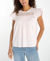 Liverpool Los Angeles Flutter Short-Sleeve Crew Neck Woven Blouse