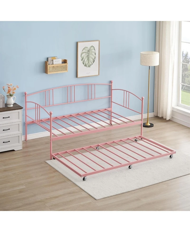 gaomon Twin Metal Daybed with Pullout Trundle, 6 Casters, Steel Slat Support Sofa Bed, No Box Spring Needed, Pink Daybed for Living Room, Bedroom