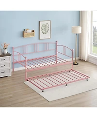 gaomon Twin Metal Daybed with Pullout Trundle, 6 Casters, Steel Slat Support Sofa Bed, No Box Spring Needed, Pink Daybed for Living Room, Bedroom