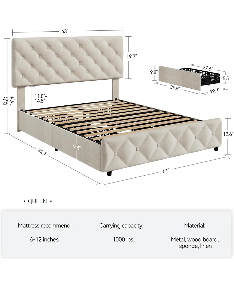 gaomon Queen Size Bed Frame with 4 Storage Drawers, Linen Upholstered Platform Bed Frame with Adjustable Headboard