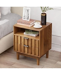 Yigii Fluted Pattern Modern Nightstand with 2 Drawers & Open Shelf