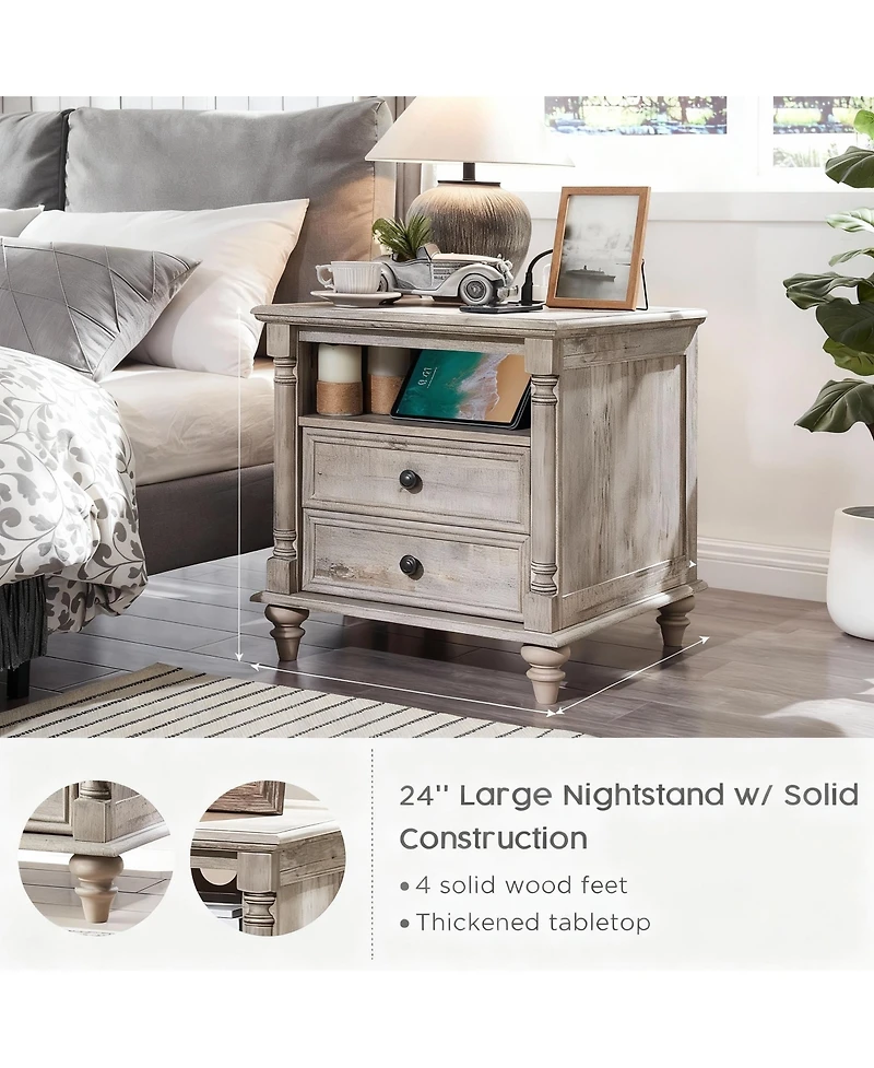 Yigii 24" Rustic Square Nightstand with Charging Station for Bedroom/Living Room