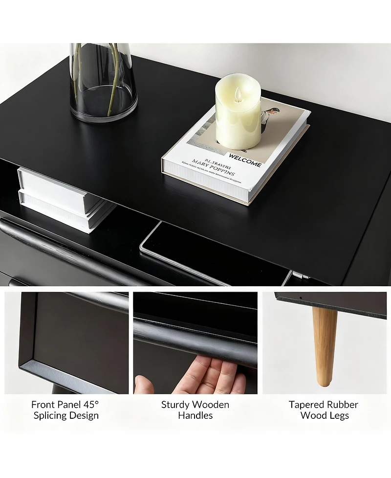 Yigii Mid-Century Modern 2-Drawer & Open Shelf End Table with Charging