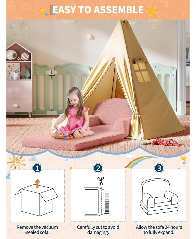 gaomon Kids Couch, 2-in-1 Convertible Teddy Fleece Fabric Toddler Sofa Chair, Soft Fold Out Couch Lounger for Kids, Comfy Children's Sofa Bed